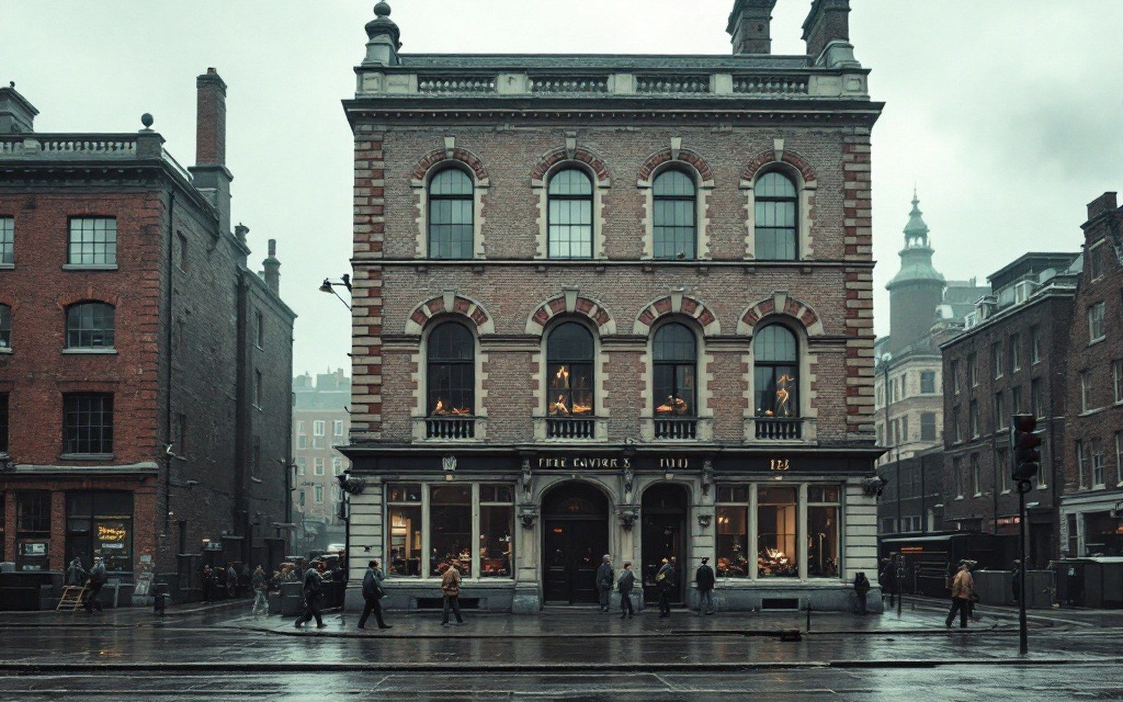A nineteenth-century brick public building with tall windows seen from the street, overcast