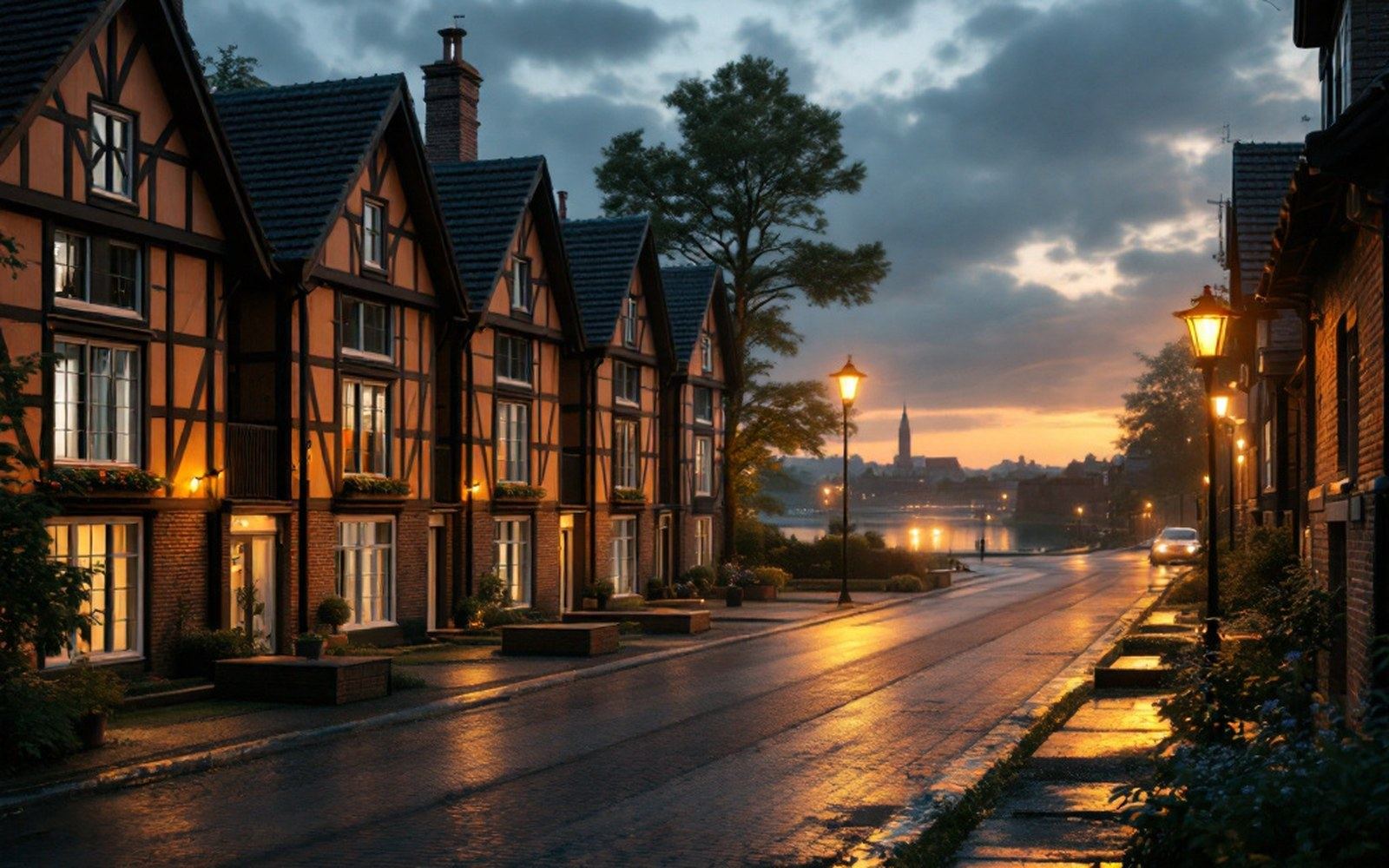 A row of small identical timber houses on a grid street with wide verges, flat daylight