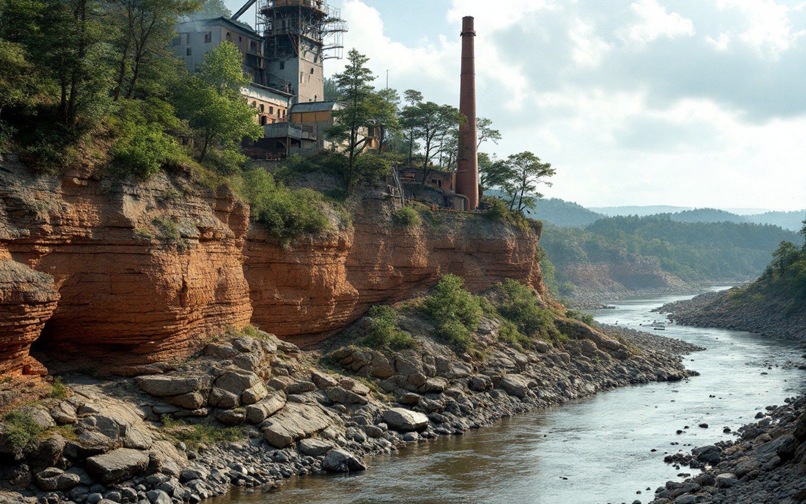A low rocky bluff above a river confluence with trees along the bank