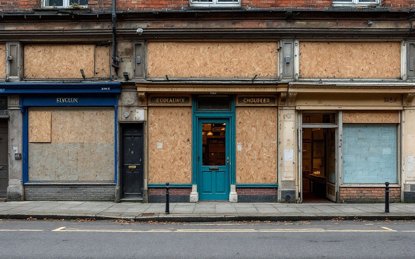A short row of empty shopfronts on a rural road, boarded windows