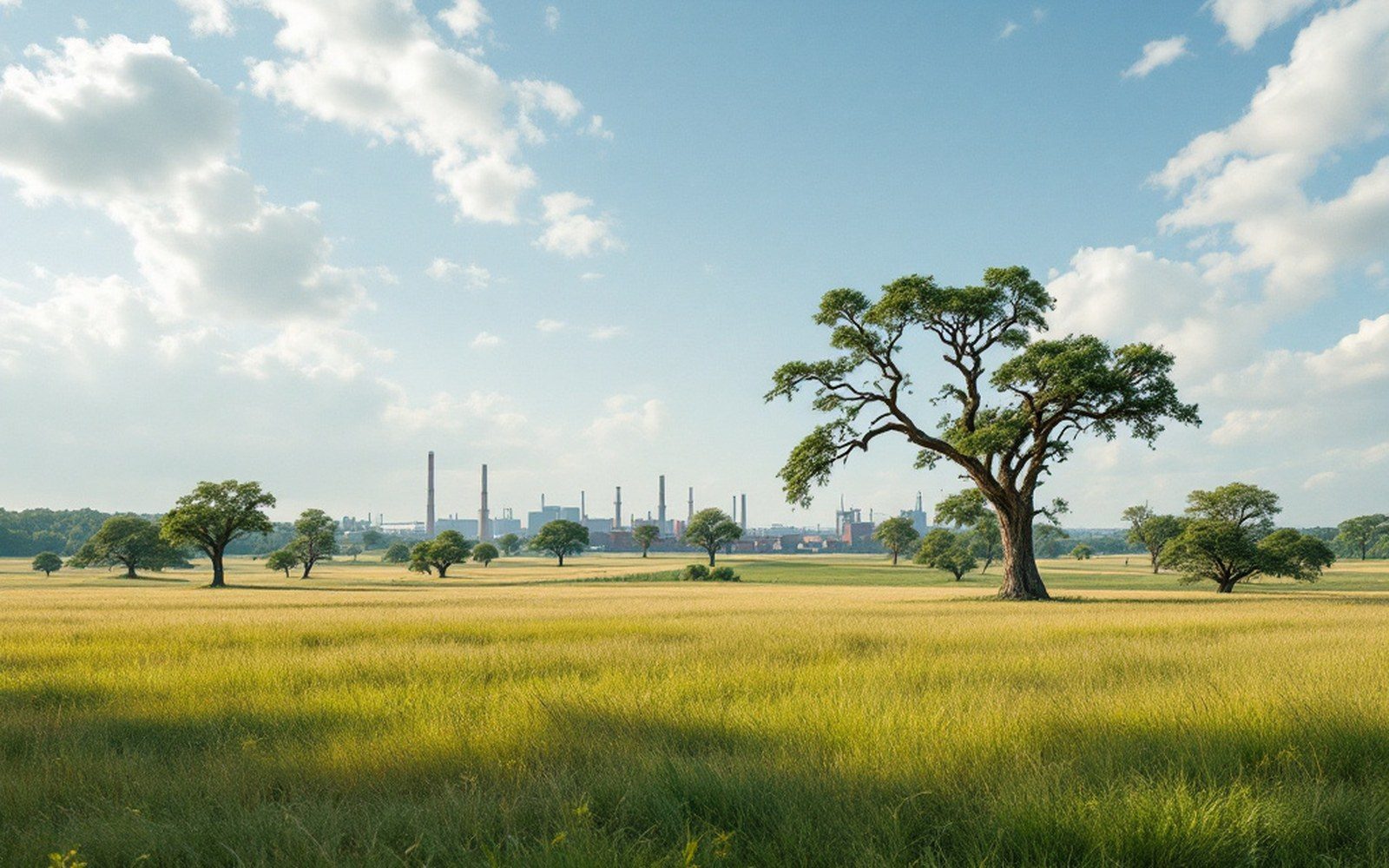 Open rolling grassland with scattered oak trees under a wide sky, no buildings
