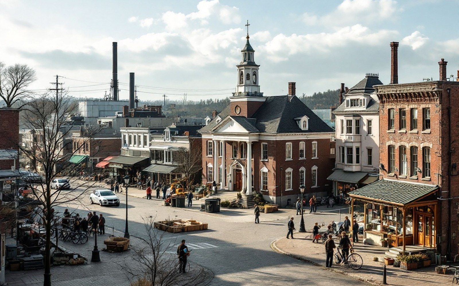 A small town square with a courthouse and low commercial buildings around it
