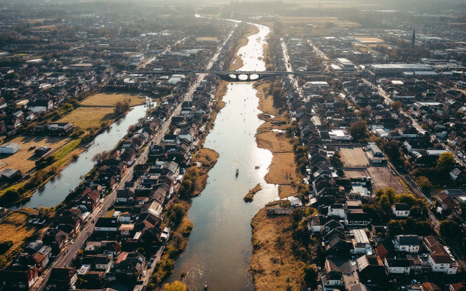A grid of streets with scattered houses and open lots between them, seen from above