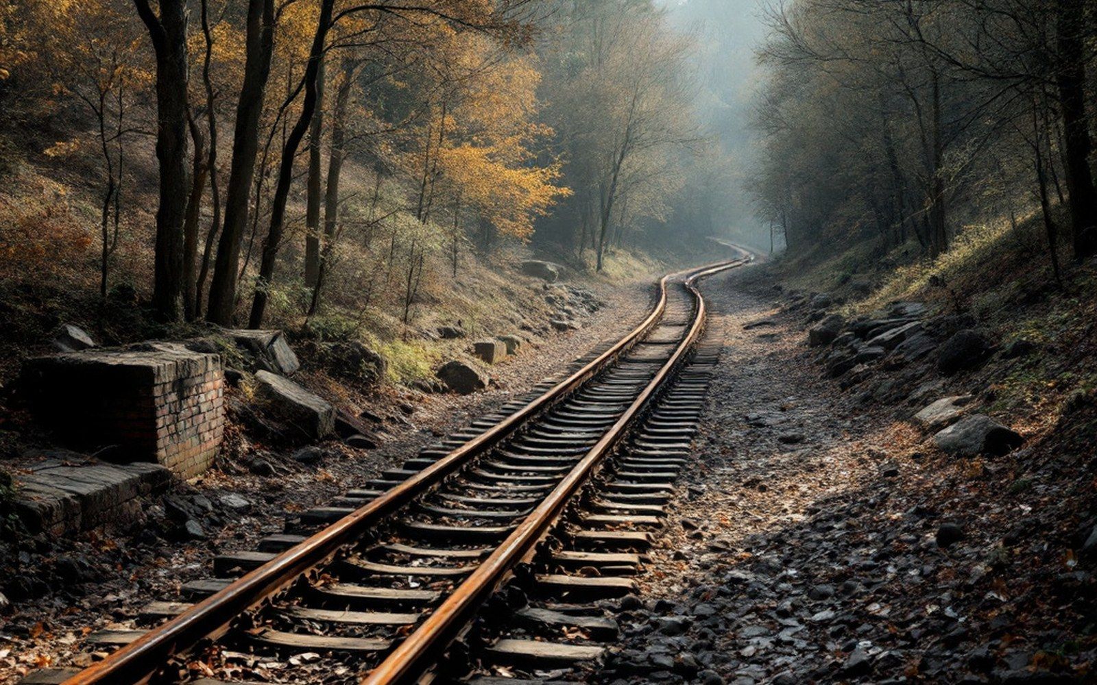 A disused railway spur curving into trees, sleepers rotted and rails rusted