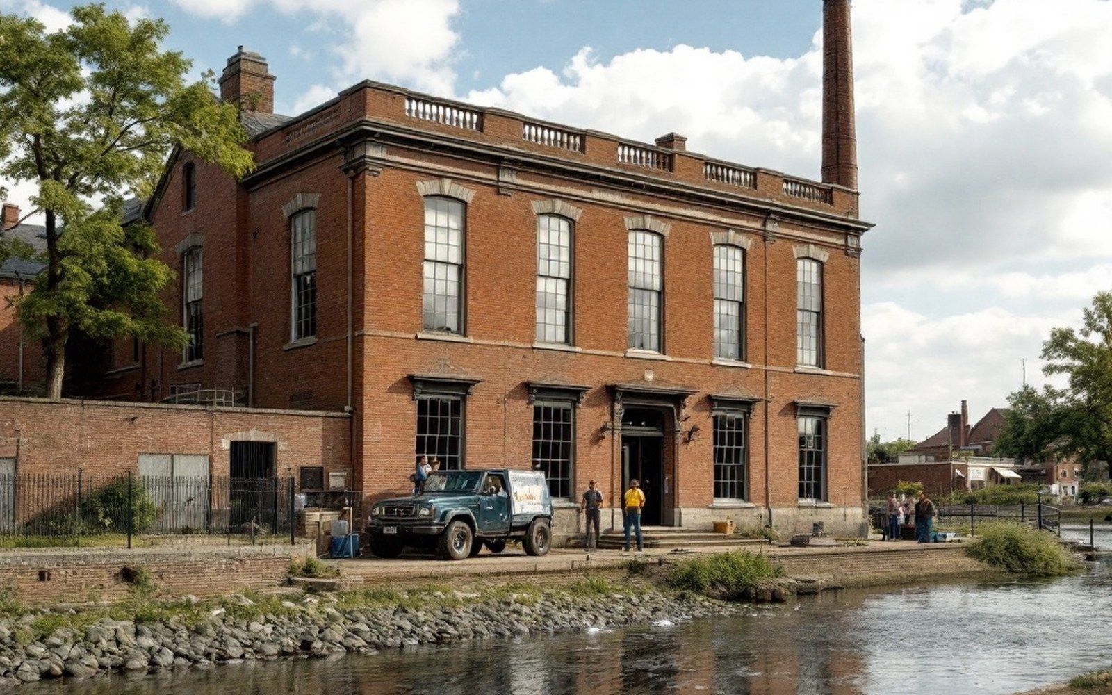 A brick institutional building of the 1880s with a shallow portico, seen square on