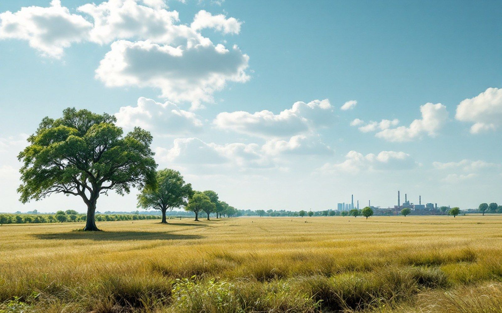 Open rolling grassland with scattered oak trees running to a far treeline under a wide sky, no buildings