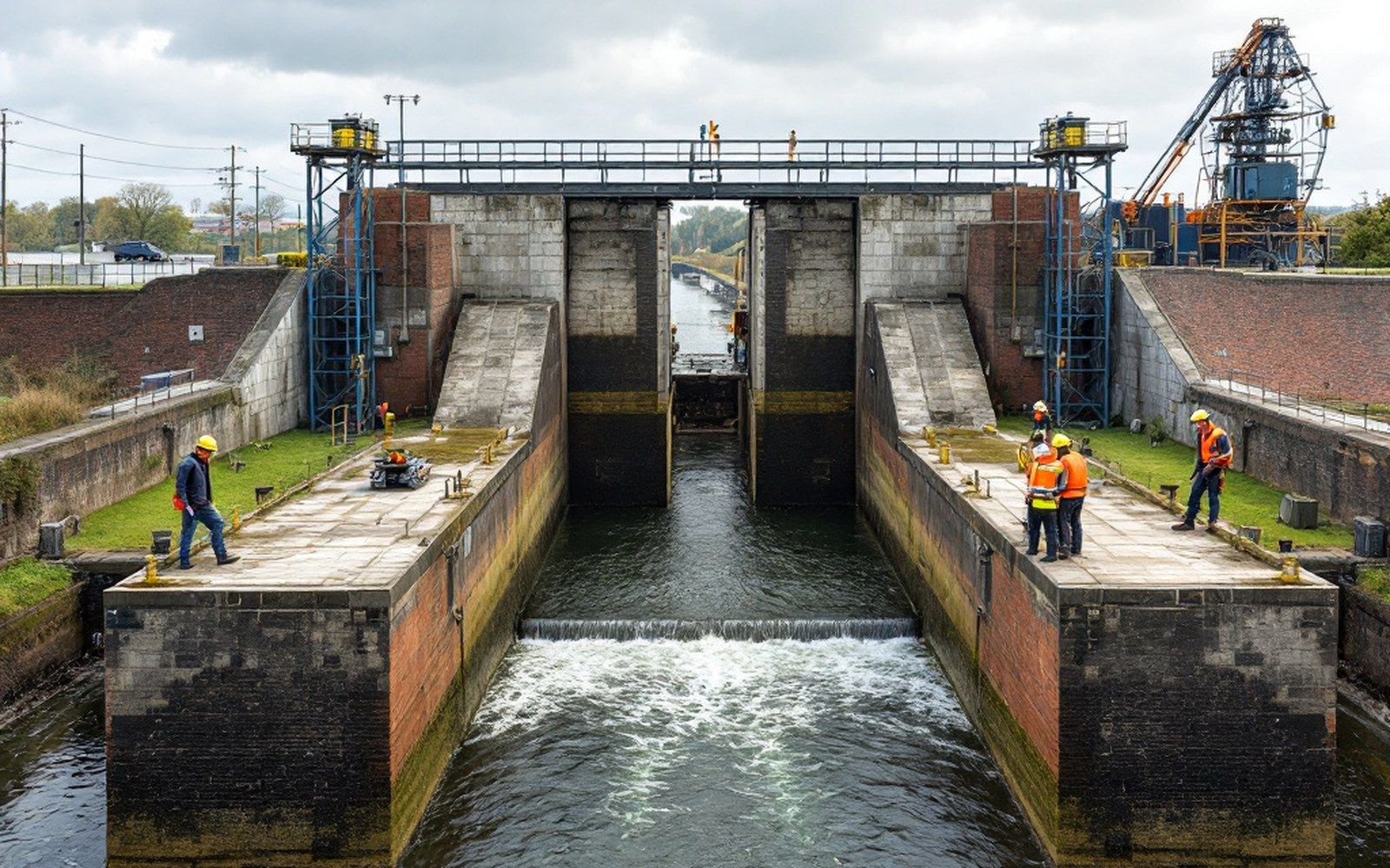 A concrete river lock and dam with gates closed and water held at two visibly different levels, no vessel present