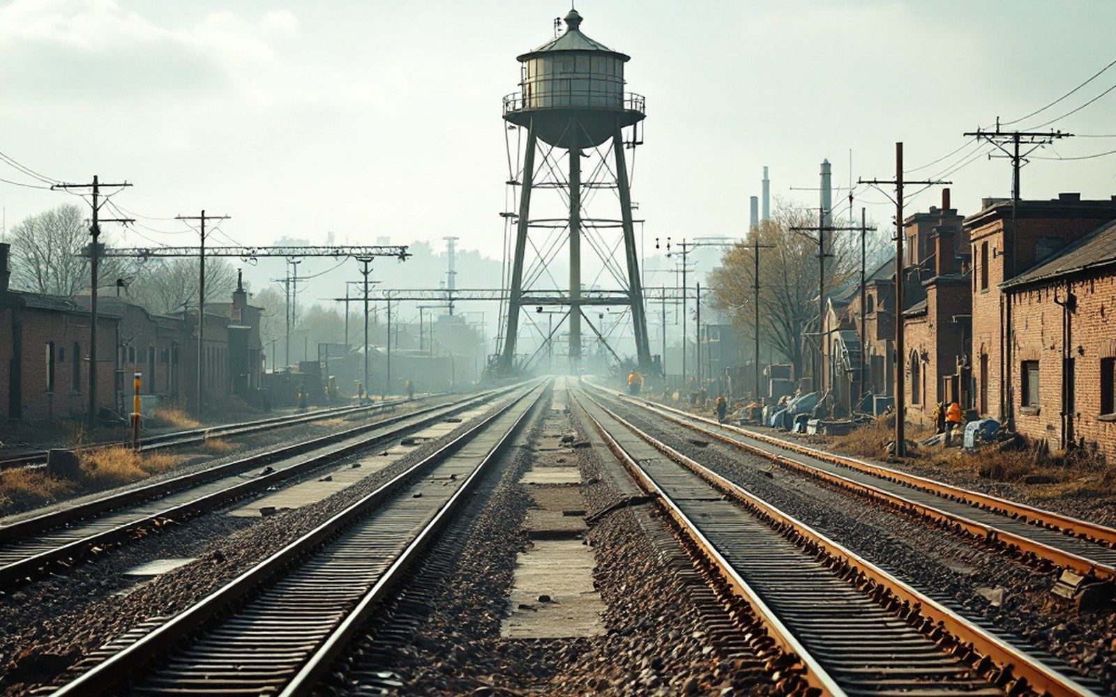 A wide railway yard of parallel tracks with a water tower beyond